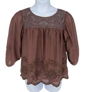 Hazel‎ L Brown Cotton Silk Lace Embroidered Blouse Boho Peasant Top Lined